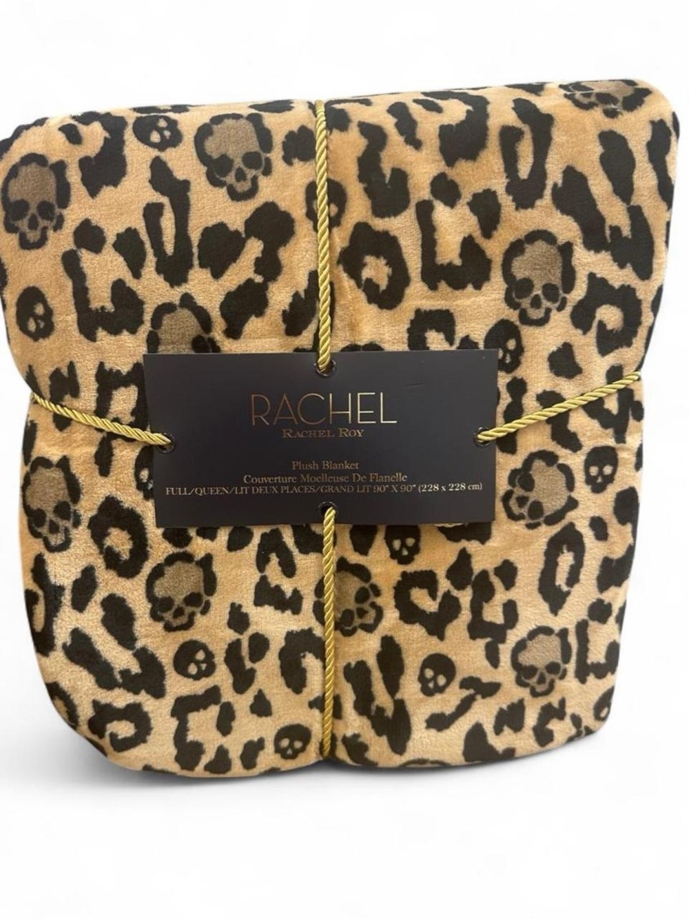 Rachel Roy Tan and Black Leopard Skull Plush Blanket, full/queen